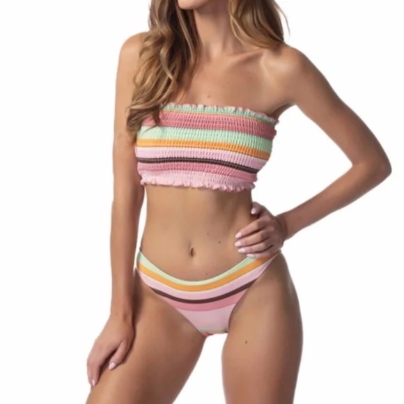 Phax Striped Smocked Strapless Bikini Swimsuit 2Pc Two Piece Set - Picture 1 of 4